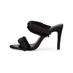 Joie Women's Poppi Black Fringe Heeled Slip On Sandals Size 36