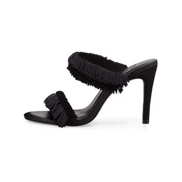 Joie Women's Poppi Black Fringe Heeled Slip On Sandals Size 36