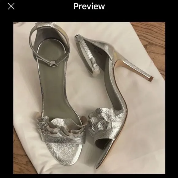 JOIE SILVER LEATHER RUFFLED FRONT SANDALS.…