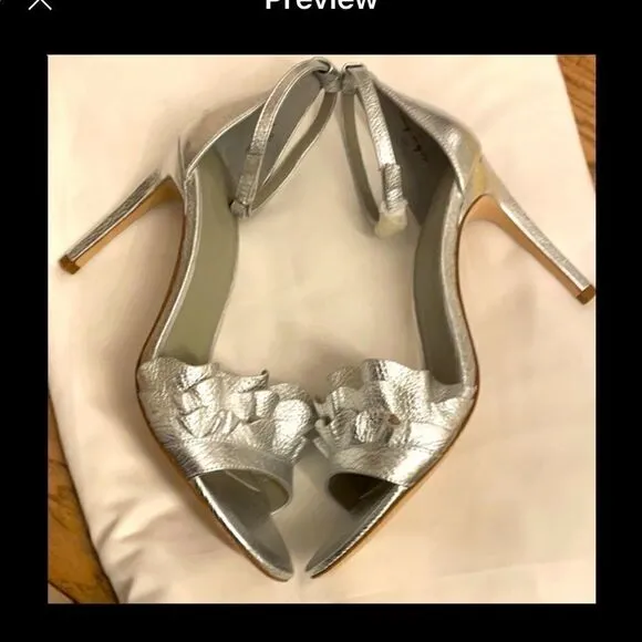 JOIE SILVER LEATHER RUFFLED FRONT SANDALS.…