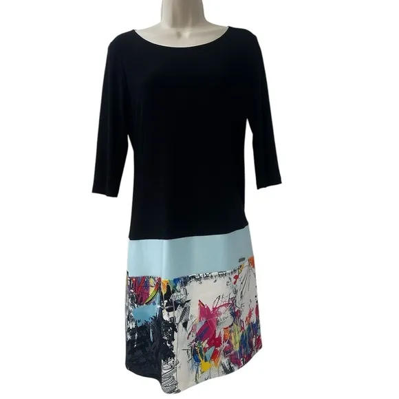 Joseph Ribkoff Women’s 6 Black Abstract Print Shift Dress 3/4 Sleeve Canada
