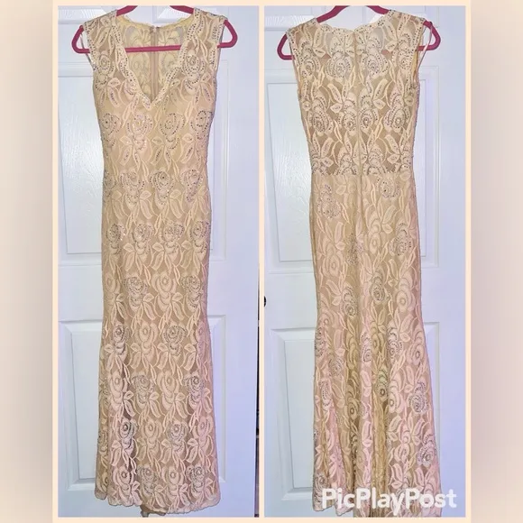 Jovani Champagne Lace Swarovski Crystals Sequin Mermaid Evening Dress AUTHENTIC
