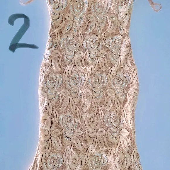 Jovani Champagne Lace Swarovski Crystals Sequin Mermaid Evening Dress AUTHENTIC