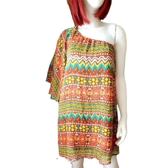 Judith March Dress Colorful One-shoulder Bell Sleeve Aztec Country Western Mini