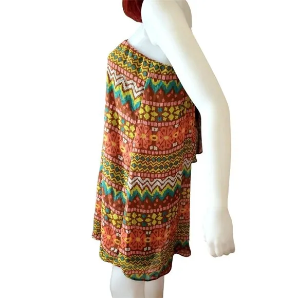 Judith March Dress Colorful One-shoulder Bell Sleeve Aztec Country Western Mini