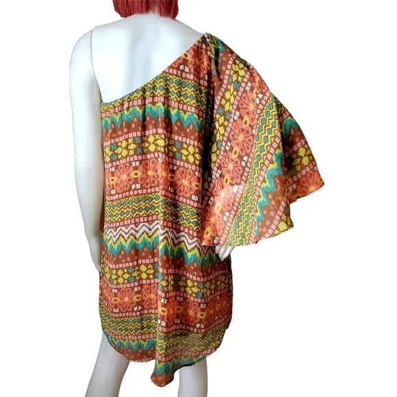 Judith March Dress Colorful One-shoulder Bell Sleeve Aztec Country Western Mini