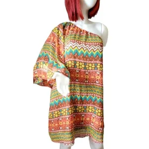 Judith March Dress Colorful One-shoulder Bell Sleeve Aztec Country Western Mini