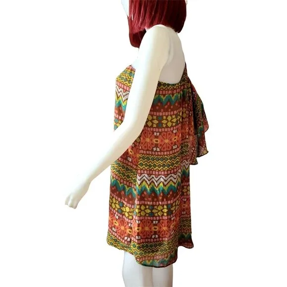 Judith March Dress Colorful One-shoulder Bell Sleeve Aztec Country Western Mini