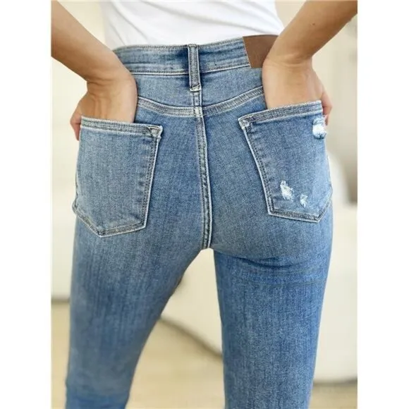 Judy Blue Full Size Mid Rise Destroy &amp; Cuff Skinny Jeans