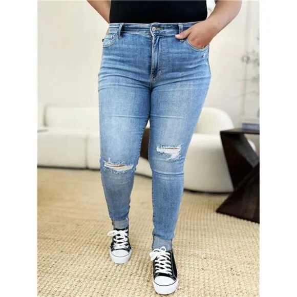 Judy Blue Full Size Mid Rise Destroy &amp; Cuff Skinny Jeans