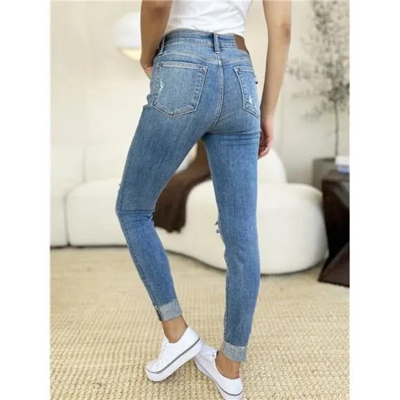 Judy Blue Full Size Mid Rise Destroy &amp; Cuff Skinny Jeans