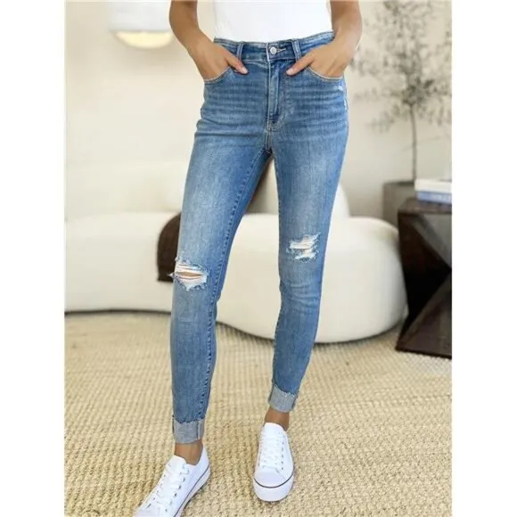 Judy Blue Full Size Mid Rise Destroy &amp; Cuff Skinny Jeans