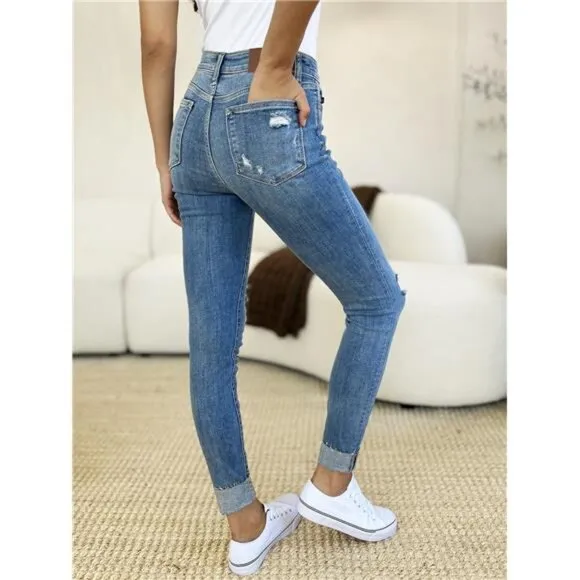 Judy Blue Full Size Mid Rise Destroy &amp; Cuff Skinny Jeans