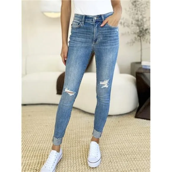 Judy Blue Full Size Mid Rise Destroy &amp; Cuff Skinny Jeans