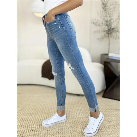 Judy Blue Full Size Mid Rise Destroy &amp; Cuff Skinny Jeans