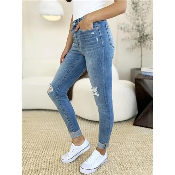 Judy Blue Full Size Mid Rise Destroy &amp; Cuff Skinny Jeans