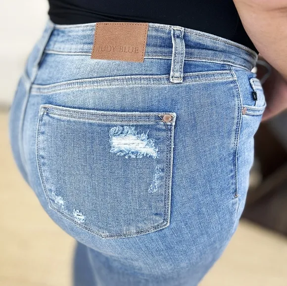 Judy Blue Mid-Rise Skinny Distressed Slim Fit Torn Jeans Cuffed Hem Denim Pants