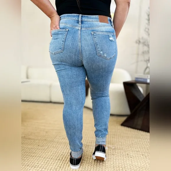 Judy Blue Mid-Rise Skinny Distressed Slim Fit Torn Jeans Cuffed Hem Denim Pants