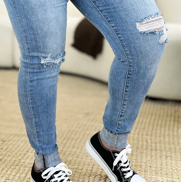 Judy Blue Mid-Rise Skinny Distressed Slim Fit Torn Jeans Cuffed Hem Denim Pants