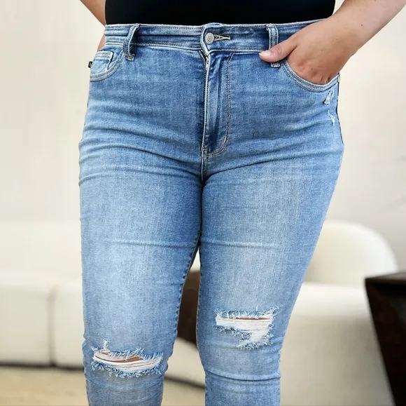 Judy Blue Mid-Rise Skinny Distressed Slim Fit Torn Jeans Cuffed Hem Denim Pants
