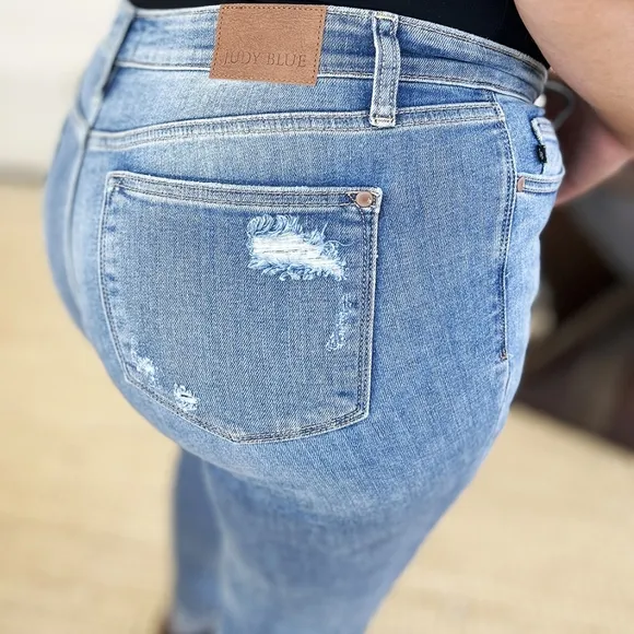 Judy Blue Mid-Rise Skinny Distressed Slim Fit Torn Jeans Cuffed Hem Denim Pants