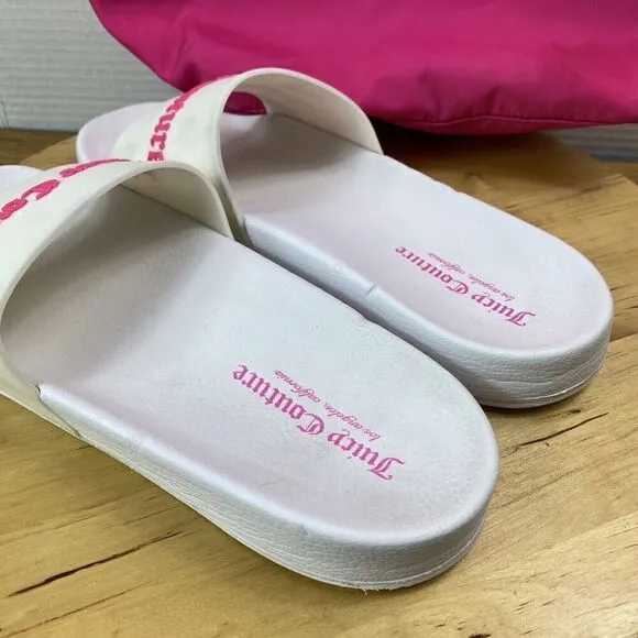 Juicy Couture Bundle Womens Sz 10 White Pink Slip-On Slide Sandals &amp; Sachel Bag