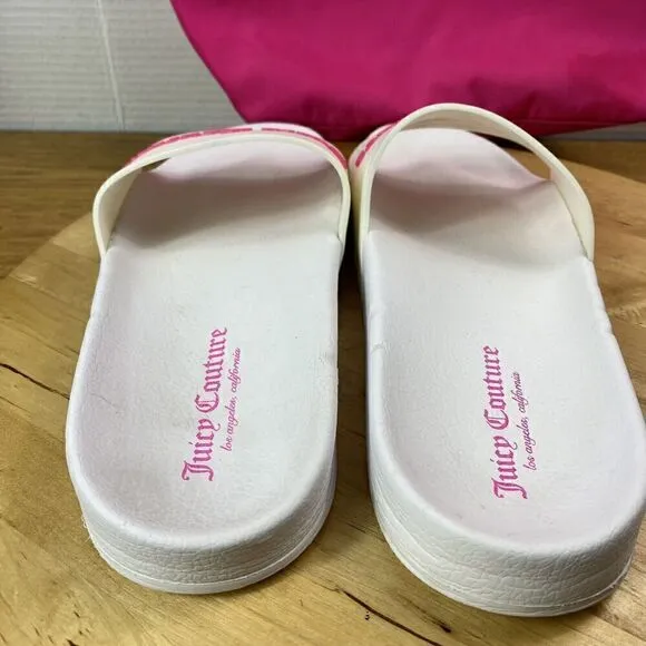 Juicy Couture Bundle Womens Sz 10 White Pink Slip-On Slide Sandals &amp; Sachel Bag