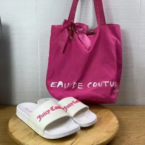 Juicy Couture Bundle Womens Sz 10 White Pink Slip-On Slide Sandals &amp; Sachel Bag