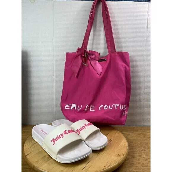 Juicy Couture Bundle Womens Sz 10 White Pink Slip-On Slide Sandals &amp; Sachel Bag