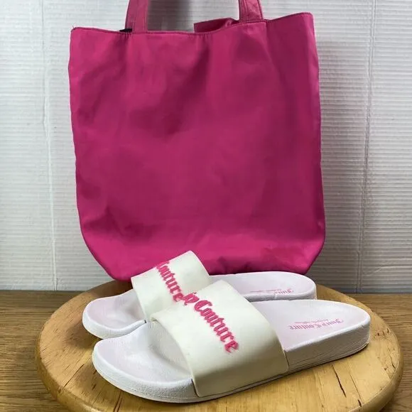 Juicy Couture Bundle Womens Sz 10 White Pink Slip-On Slide Sandals &amp; Sachel Bag