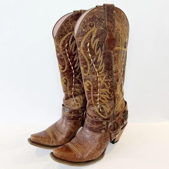 Junk Gypsy Vagabond Leather Brown Harness Western Boots 9.5 Cowboy Rodeo Cowgirl