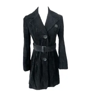 K2 Black Vintage Corduroy Button Up Knee Length Jacket Trench Coat Sz XS Buckle