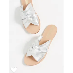 KAANAS Silver Metallic Twist Knot Leather Sandals Slides Sz 6
