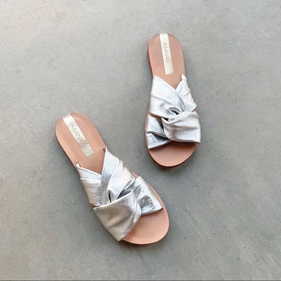KAANAS Silver Metallic Twist Knot Leather Sandals Slides Sz 6