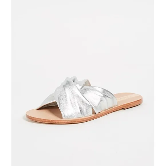 KAANAS Silver Metallic Twist Knot Leather Sandals Slides Sz 6