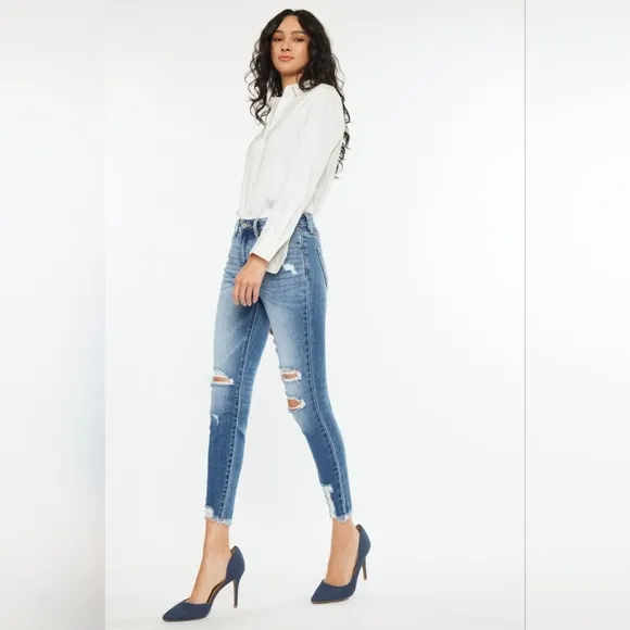 KanCan High-Rise Stretch Denim Skinny Distressed Torn Hole Ankle Jeans Pants