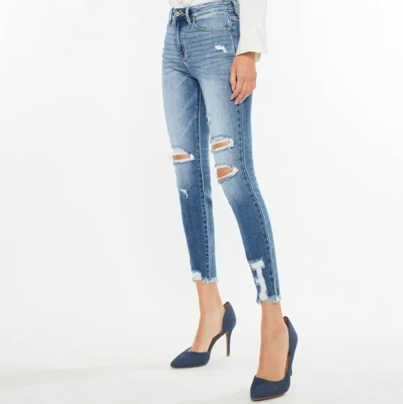 KanCan High-Rise Stretch Denim Skinny Distressed Torn Hole Ankle Jeans Pants