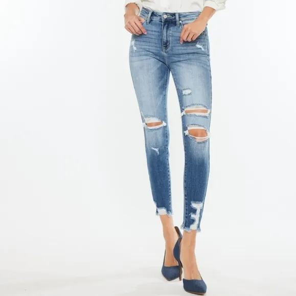 KanCan High-Rise Stretch Denim Skinny Distressed Torn Hole Ankle Jeans Pants