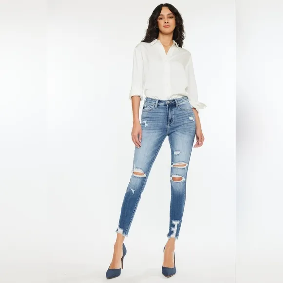 KanCan High-Rise Stretch Denim Skinny Distressed Torn Hole Ankle Jeans Pants