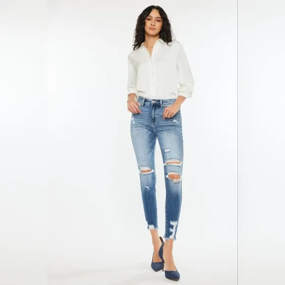 KanCan High-Rise Stretch Denim Skinny Distressed Torn Hole Ankle Jeans Pants