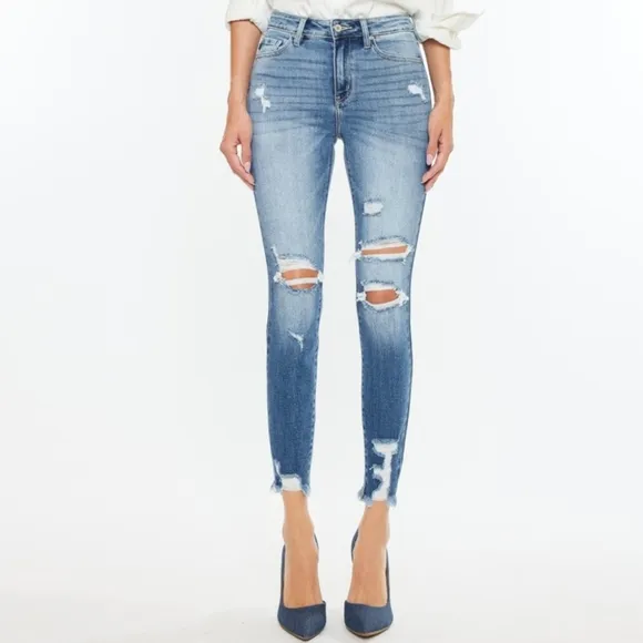 KanCan High-Rise Stretch Denim Skinny Distressed Torn Hole Ankle Jeans Pants