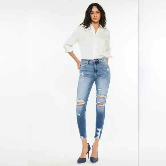 KanCan High-Rise Stretch Denim Skinny Distressed Torn Hole Ankle Jeans Pants
