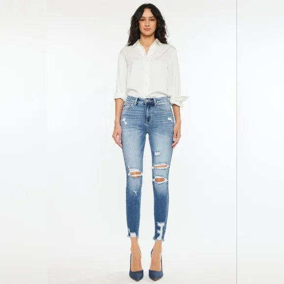 KanCan High-Rise Stretch Denim Skinny Distressed Torn Hole Ankle Jeans Pants
