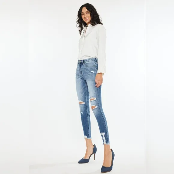 KanCan High-Rise Stretch Denim Skinny Distressed Torn Hole Ankle Jeans Pants