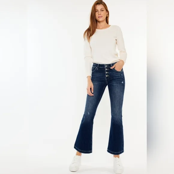 KanCan Mid-Rise Jeans Slim Fit Tapered Flare Button Fly Distressed Denim Pants