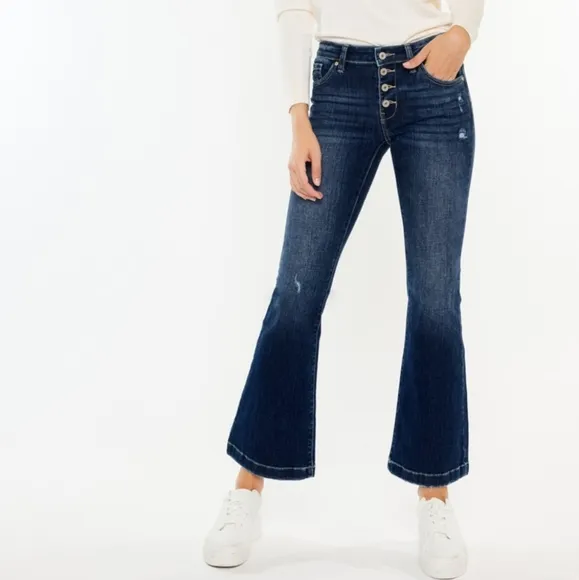KanCan Mid-Rise Jeans Slim Fit Tapered Flare Button Fly Distressed Denim Pants