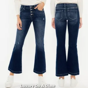 KanCan Mid-Rise Jeans Slim Fit Tapered Flare Button Fly Distressed Denim Pants