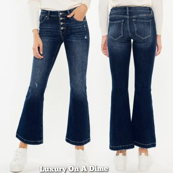 KanCan Mid-Rise Jeans Slim Fit Tapered Flare Button Fly Distressed Denim Pants