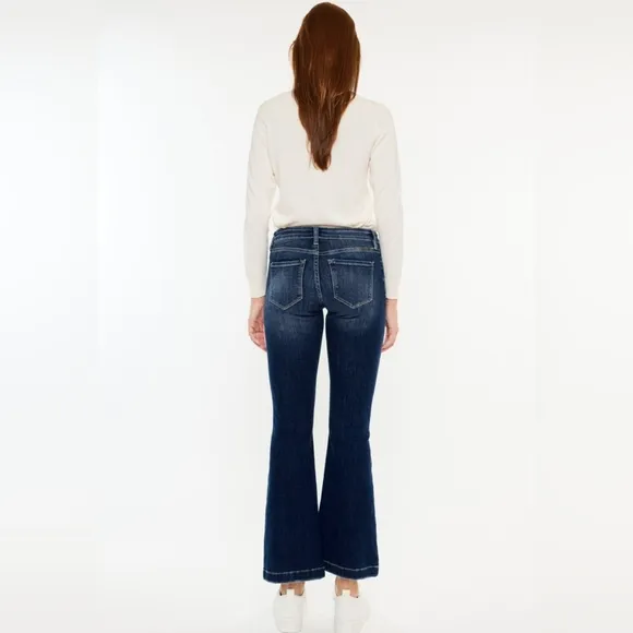 KanCan Mid-Rise Jeans Slim Fit Tapered Flare Button Fly Distressed Denim Pants