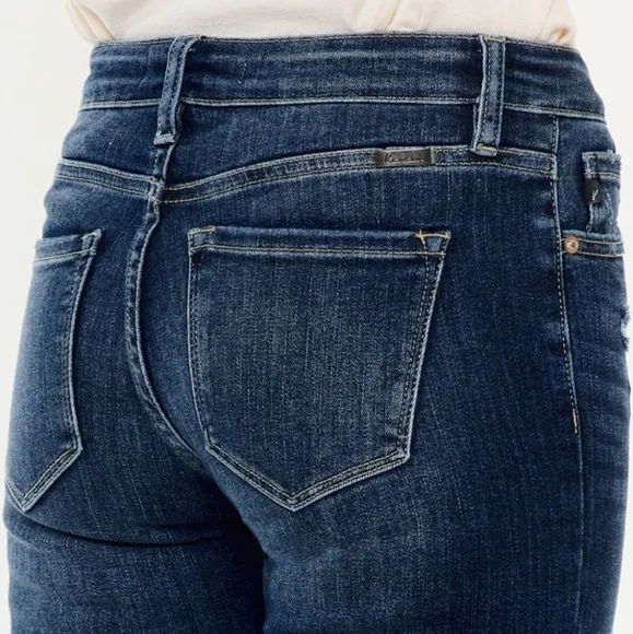 KanCan Mid-Rise Jeans Slim Fit Tapered Flare Button Fly Distressed Denim Pants